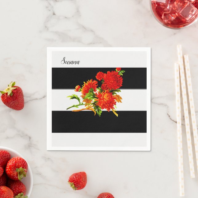 Paper Napkins, Floral Black Stripe Napkins (Insitu)