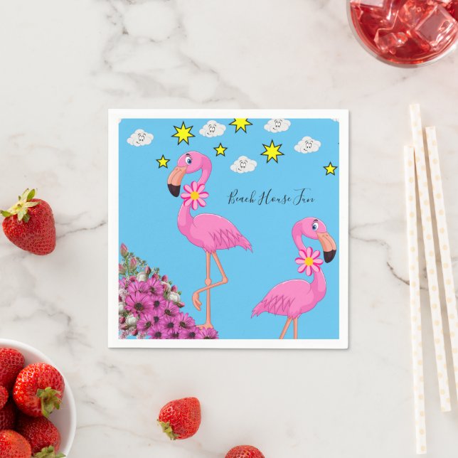 Paper Napkins, Floral Clouds pink Flamingos Napkins (Insitu)