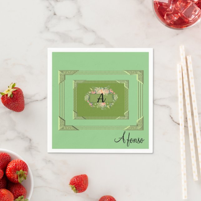 Paper Napkins, Floral Green Monogram Napkins (Insitu)
