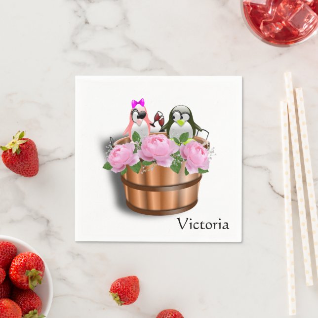 Paper Napkins, Floral Pink Roses Penguin Wine Napkins (Insitu)