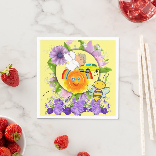 Paper Napkins, Floral Yellow Baby Angel Napkins (Insitu)