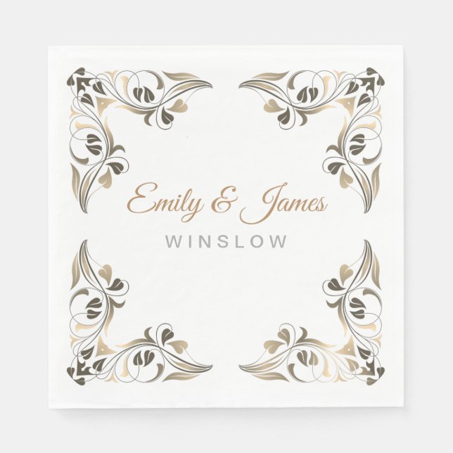 Paper Napkins-Golden Fancy Leaf Borders Napkins (Front)