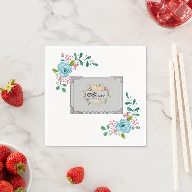 Paper Napkins, Gray Monogram Floral Flowers Napkins (Insitu)