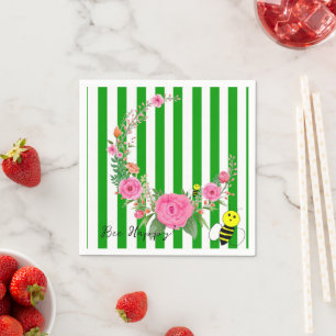 Paper Napkins, Green and White Stripe Bee Happy  Napkins
