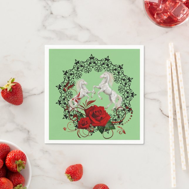 Paper Napkins, Green Floral Red Rose White Horse Napkins (Insitu)