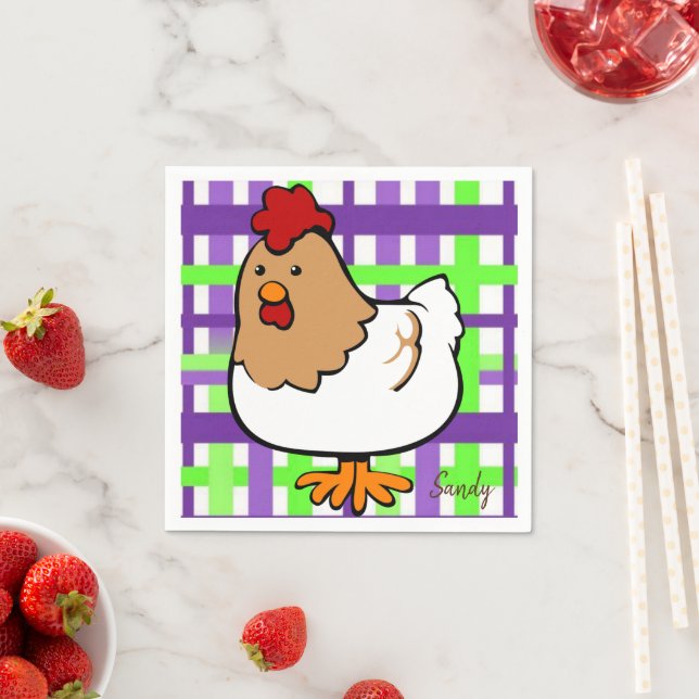 Paper Napkins, Green Purple Plaid Chicken Napkins (Insitu)