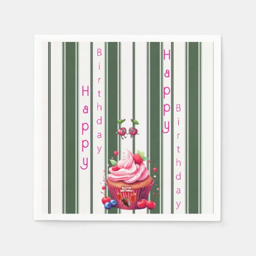 Paper Napkins Green & White Stripe Birthday
