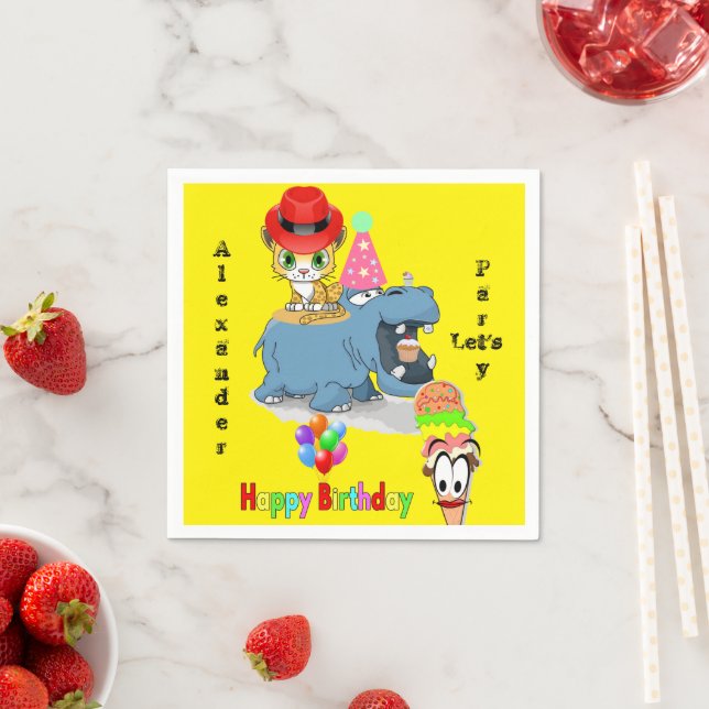 Paper Napkins, Happy Birthday Hippopotamus Kittens Napkins (Insitu)