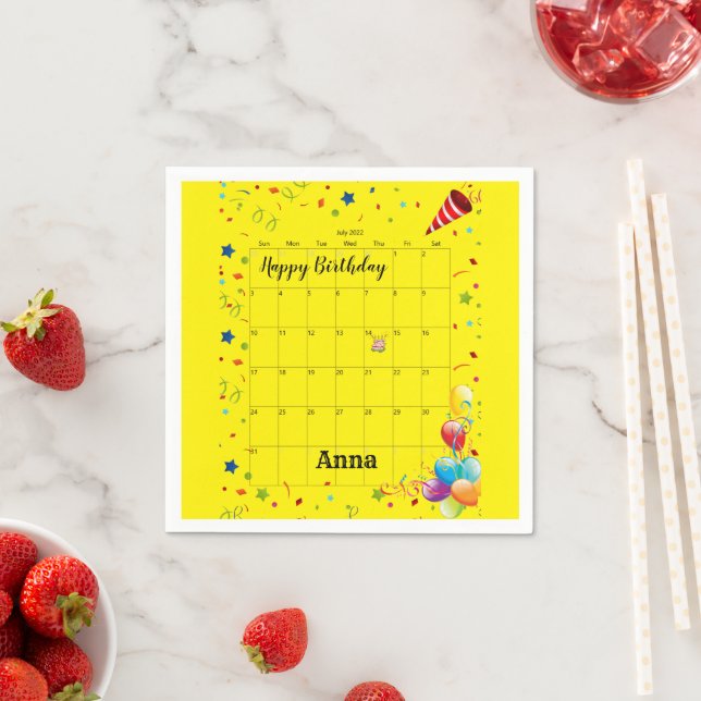 Paper Napkins, Happy Birthday July 2022 Yellow  Napkins (Insitu)