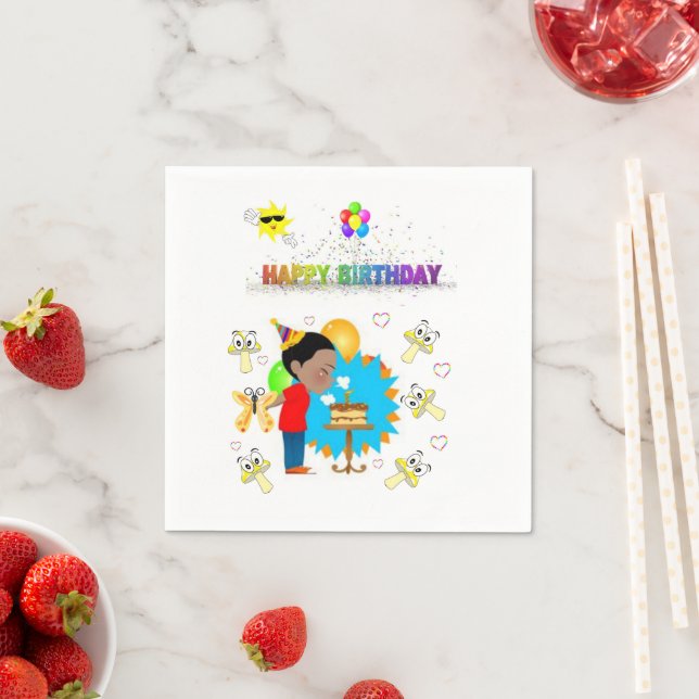 Paper Napkins, Happy Birthday Mushroom African Boy Napkins (Insitu)