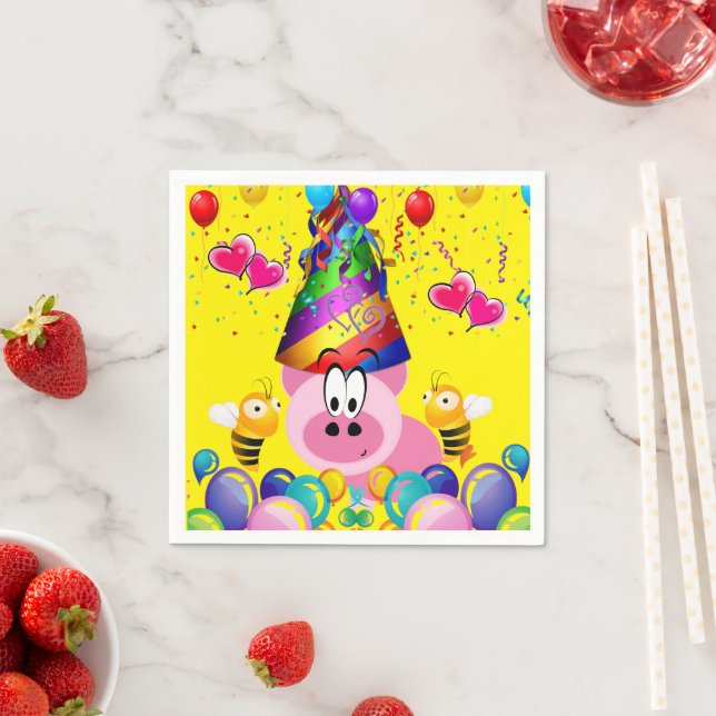 Paper Napkins, Happy Birthday Pink Pig Bumblebee Napkins (Insitu)