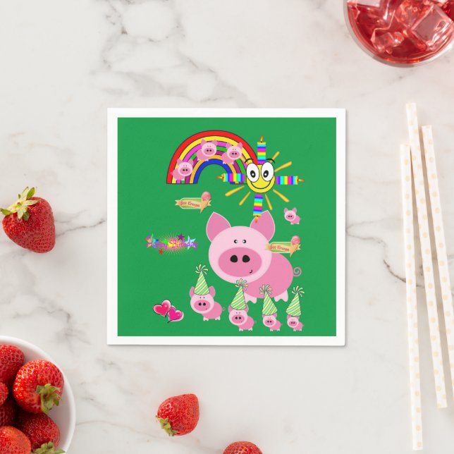 Paper Napkins, Happy Birthday Pink Pig Rainbow Napkins (Insitu)