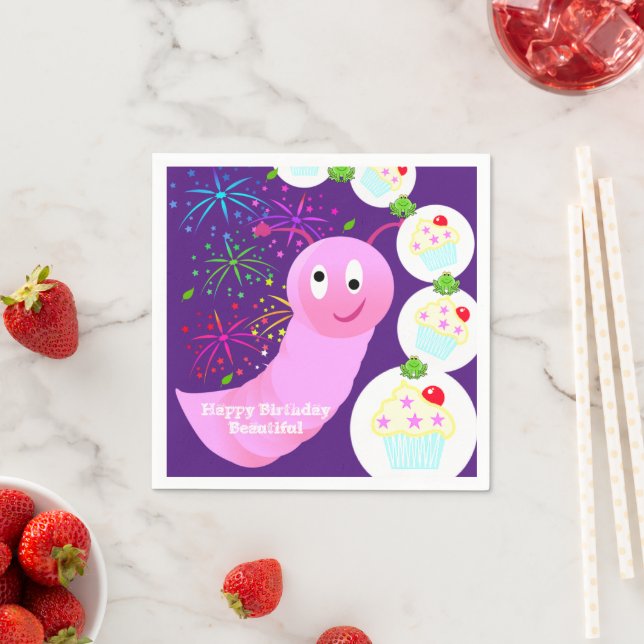 Paper Napkins, Happy Birthday Pink Worm Cupcake Napkins (Insitu)