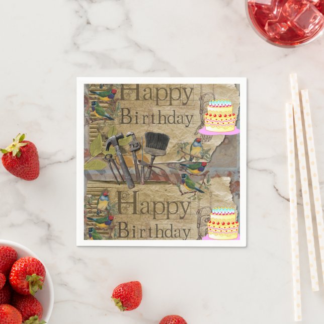 Paper Napkins, Happy Birthday Vintage Tools Cake Napkins (Insitu)