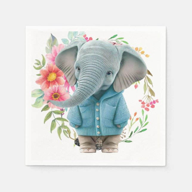 Paper Napkins Happy Blue Elephant Floral (Front)