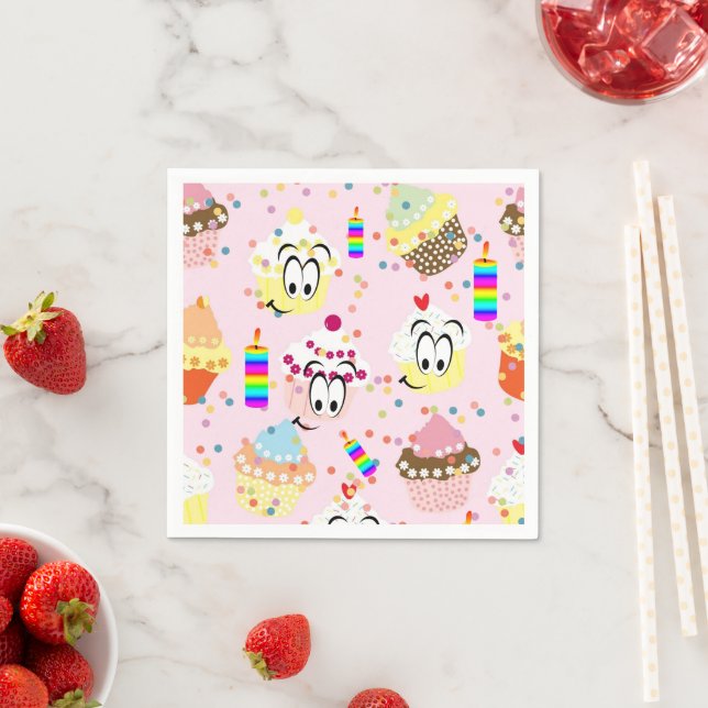 Paper Napkins, Happy Face Cupcakes Happy Birthday Napkins (Insitu)