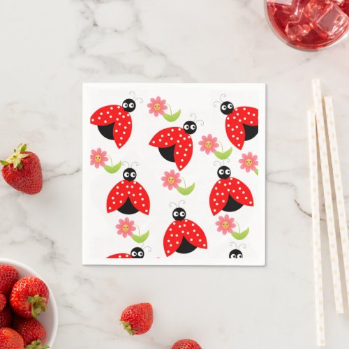 Paper Napkins Ladybug Pink Flowers Floral Napkins