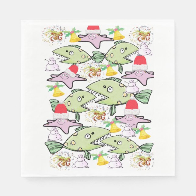 Paper Napkins, Merry Christmas Shark Fish Napkins (Front)
