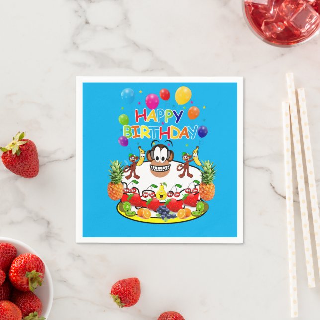 Paper Napkins, Monkeys Happy Birthday Fruit Cake Napkins (Insitu)