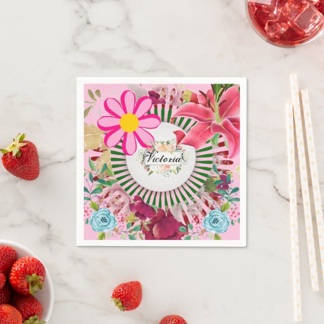 Paper Napkins, Monogram Floral Pink Napkins (Insitu)