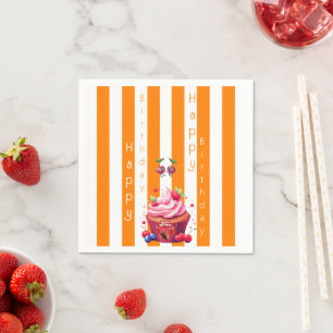 Paper Napkins Orange & White Stripe Happy Birthday