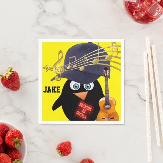 Paper Napkins, Penguin Guitar Rock n Roll Napkins (Insitu)