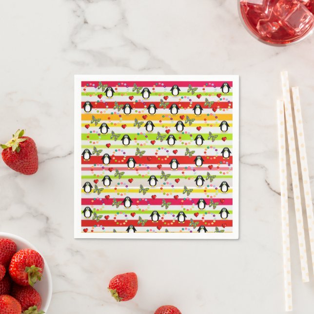Paper Napkins, Penguin Red Hearts StripesButterfly Napkins (Insitu)