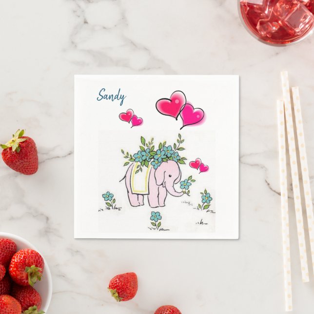 Paper Napkins, Pink Hearts Elephant Floral Napkins (Insitu)