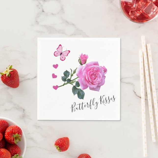 Paper Napkins, Pink Rose Floral Butterfly Hearts Napkins (Insitu)