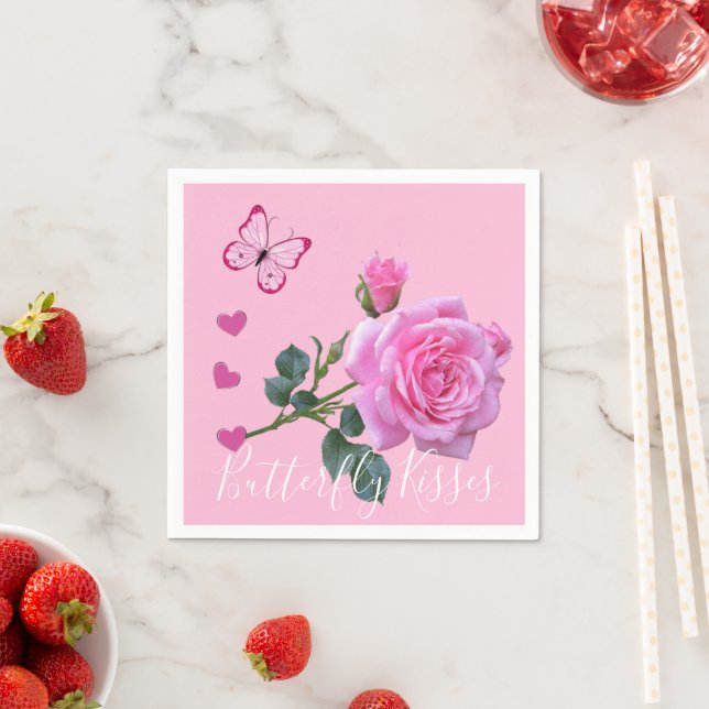 Paper Napkins, Pink Rose Hearts Butterfly Kisses Napkins (Insitu)