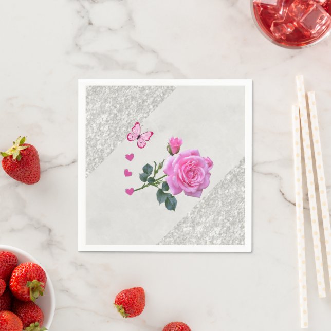 Paper Napkins, Pink Rose Silver Napkins (Insitu)