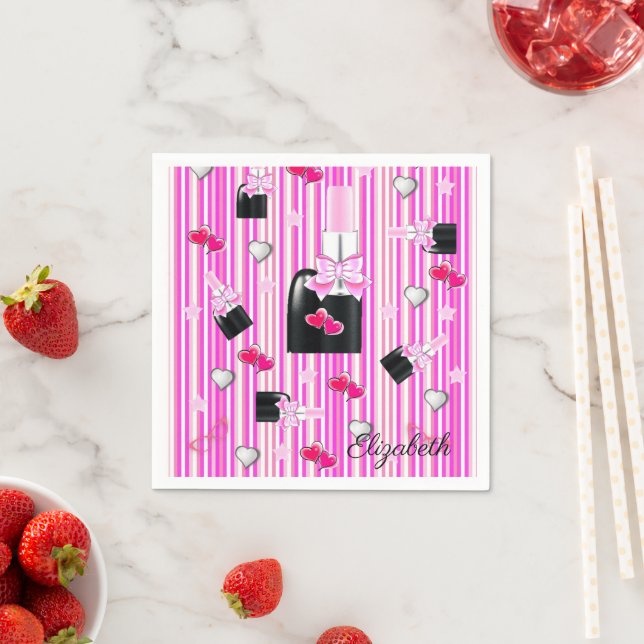Paper Napkins, Pink Stripe Pink Lipstick Napkins (Insitu)