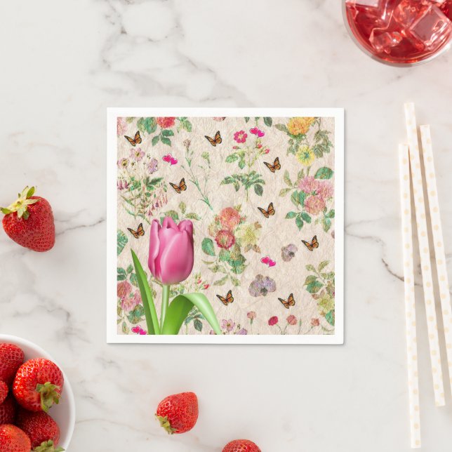 Paper Napkins, Pink Tulip Floral Hearts Butterfly Napkins (Insitu)