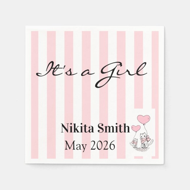 Paper Napkins Pink & White Stripe Cat (Front)