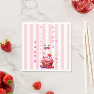 Paper Napkins Pink & White Stripe Happy Birthday