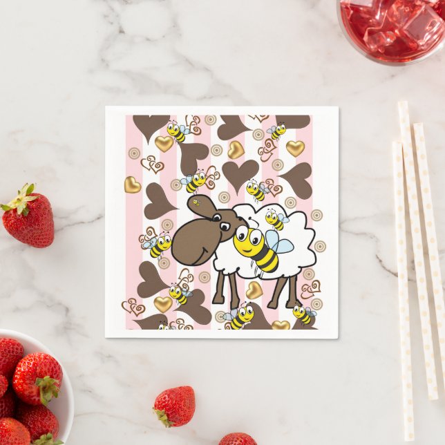 Paper Napkins, Pink & White Stripes Sheep Bee Napkins (Insitu)