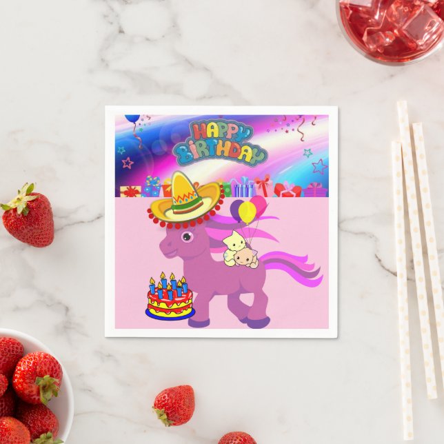 Paper Napkins, Pony Kittens Happy Birthday Napkins (Insitu)