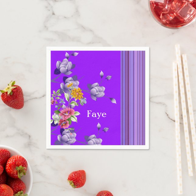 Paper Napkins, Purple Stripe Floral Napkins (Insitu)