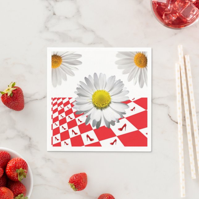 Paper Napkins, Red Checkered White Daisy Floral Napkins (Insitu)