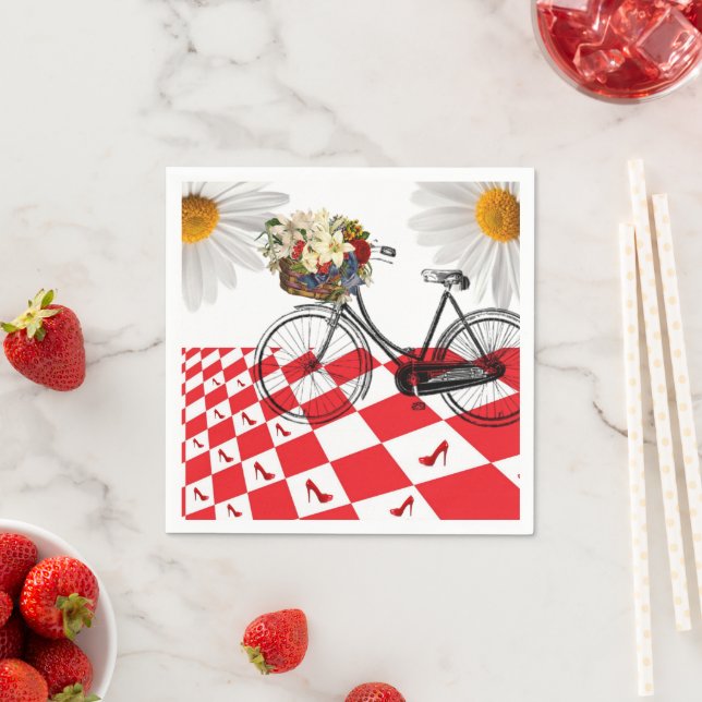 Paper Napkins, Red Checkered White Daisy Floral Napkins (Insitu)