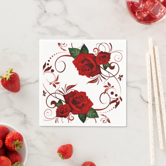 Paper Napkins, Red Rose Floral Napkins (Insitu)