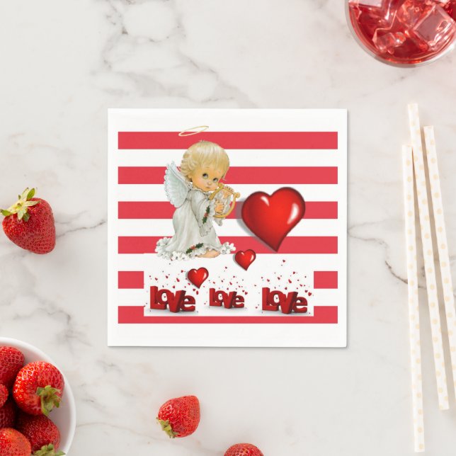 Paper Napkins, Red & White Stripe Baby Angel Napkins (Insitu)