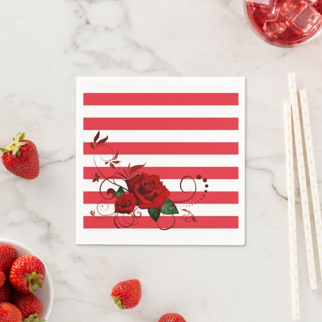 Paper Napkins, Red & White Stripe Floral Red Rose Napkins (Insitu)