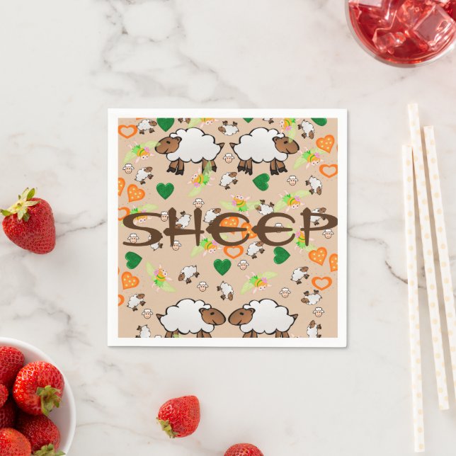 Paper Napkins, Sheep Green Orange Hearts Napkins (Insitu)