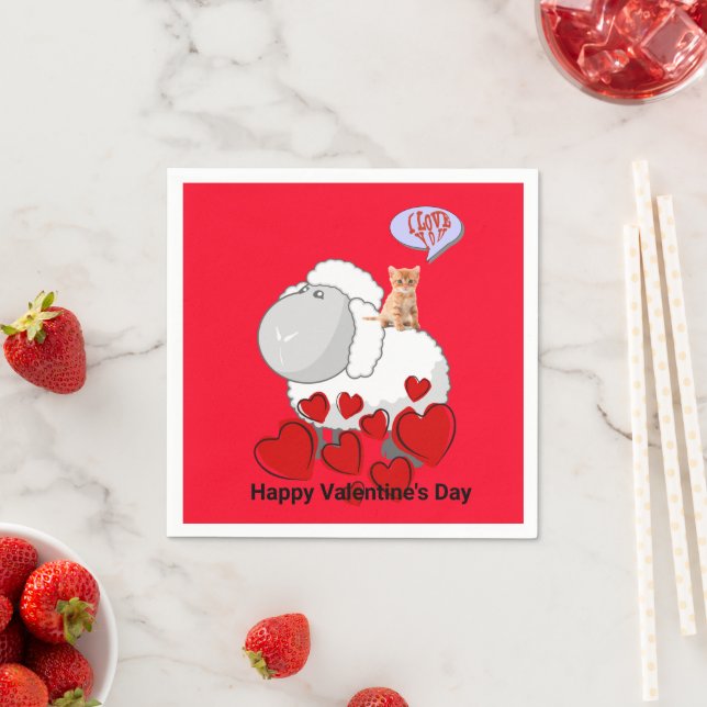 Paper Napkins, Sheep Kitten Red Hearts Napkins (Insitu)