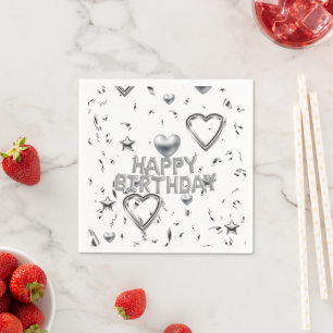 Paper Napkins, Silver Hearts Happy Birthday Napkins