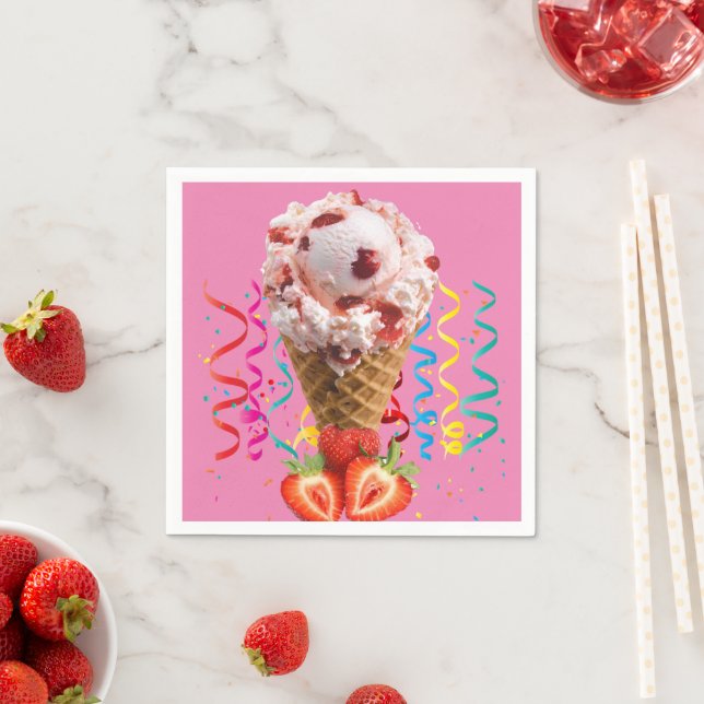 Paper Napkins, Strawberry Ice Cream Happy Birthday Napkins (Insitu)