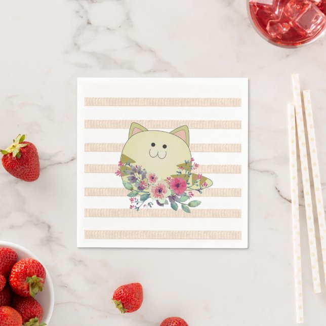 Paper Napkins, Stripe Cat Beige Floral Napkins (Insitu)