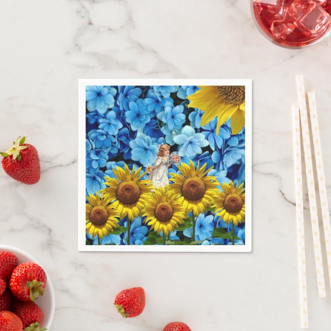Paper Napkins, Sunflower Angel Blue Black Floral Napkins (Insitu)