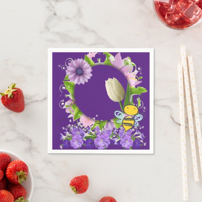 Paper Napkins, Tulip Floral Flowers Bumblebee Napkins (Insitu)